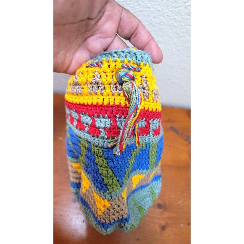 Handcrafted Colorful Crochet Sling Bag With Drawstring Closure For Boho-Chic Sty - Picture 4 of 8